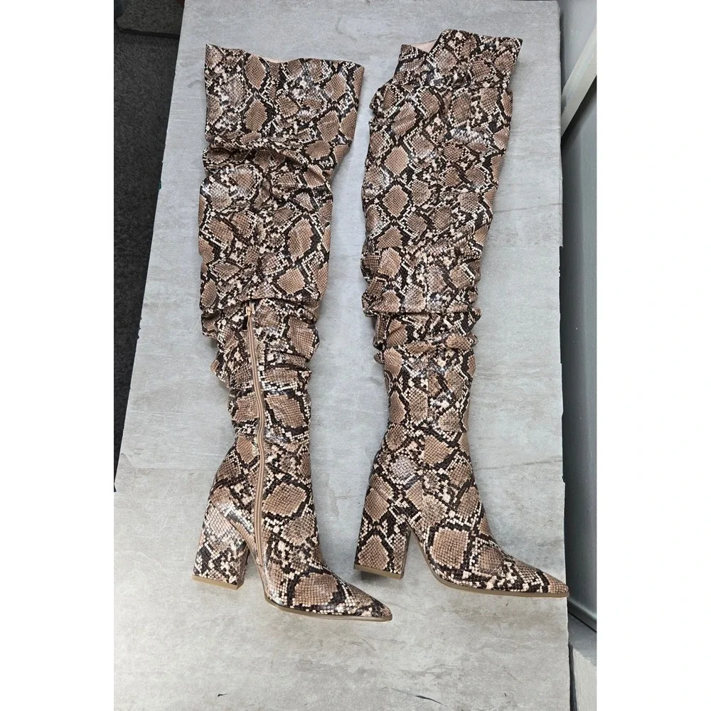 PrettyLittleThing Thigh High Boots Tan Snakeskin Slouchy Block Heel Pointed Toe